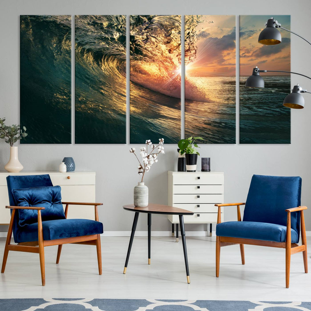 A triptych seascape titled Ocean Wave Sunset Canvas, featuring a stunning ocean view at sunset, is beautifully framed and ready to hang.