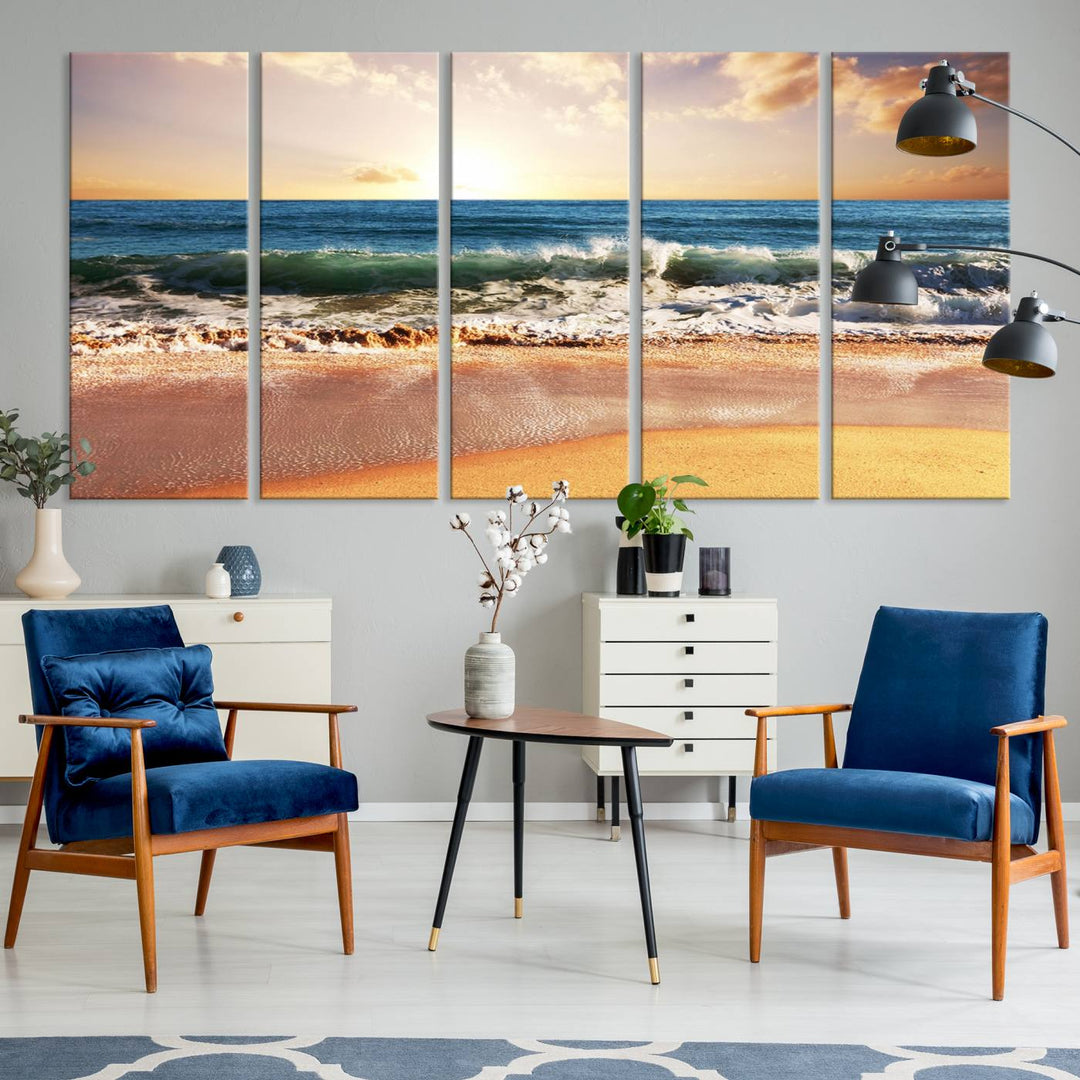 The wall features a Canon-quality Serene Beach Path canvas giclee print, depicting coastal dunes.