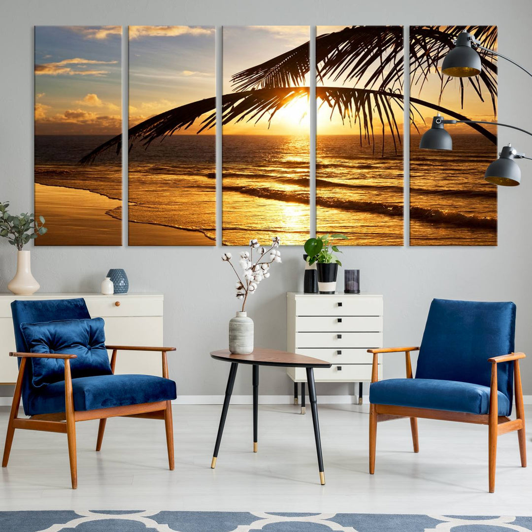 Golden Tropical Beach Sunset Canvas Triptych: Coastal Palm Art & Giclee Print with Gallery Wrap, capturing golden waves.