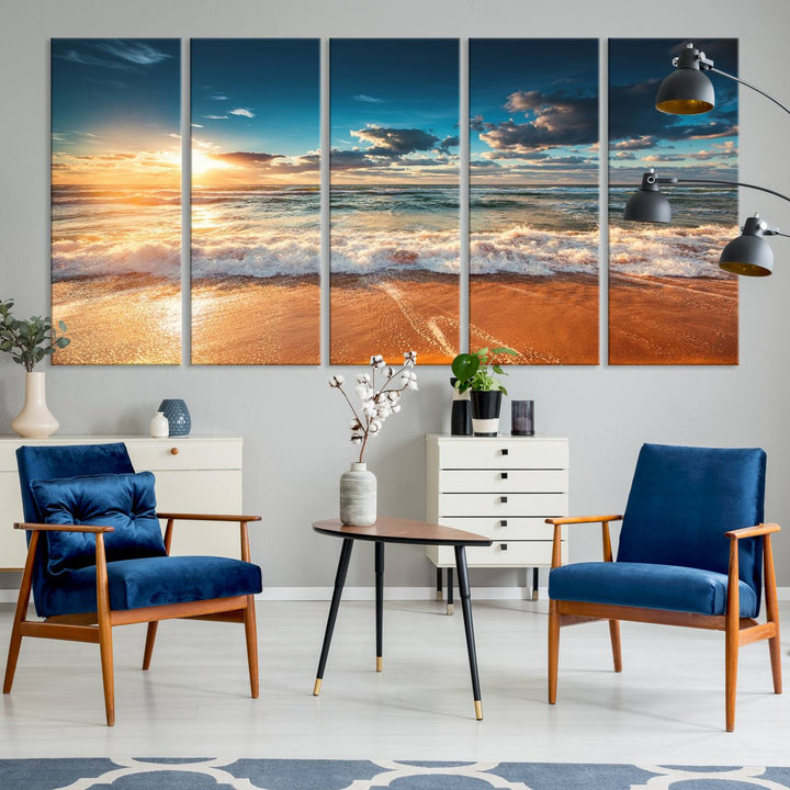 A Golden Sunset Beach Triptych Canvas Art hangs on a white wall.