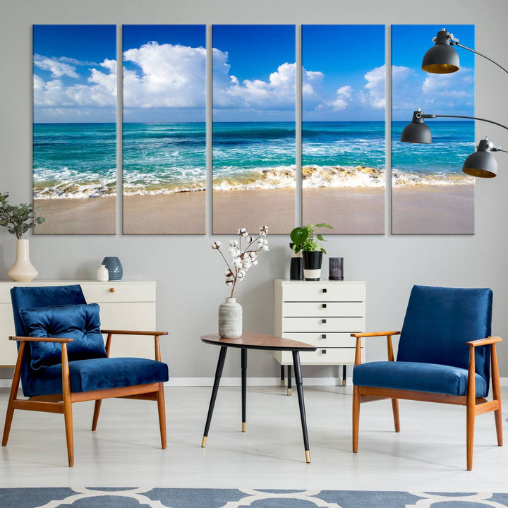 Tropical Beach 3-Panel Canvas Wall Art – Serene Ocean Waves and Blue Sky – Giclée Print for Living Room, Office, or Bedroom Coastal Decor