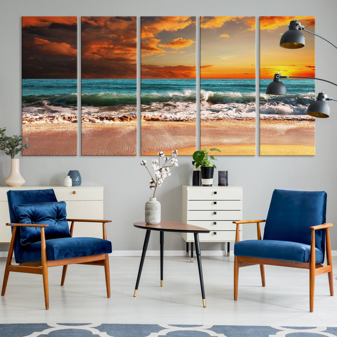 A Golden Sunset Beach triptych seascape canvas hangs on the wall.