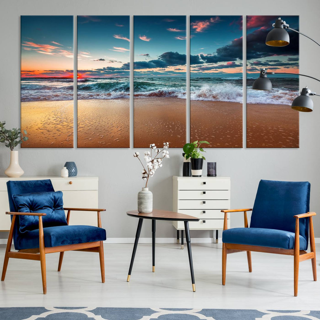 A large 3-panel sunset ocean beach canvas is displayed above the counter.