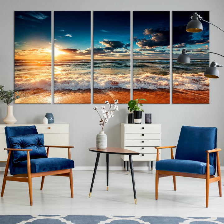 Golden Hour Sunset Over Ocean Waves Canvas: 3-Panel Coastal Landscape Art with Stunning Beach Photography Print.