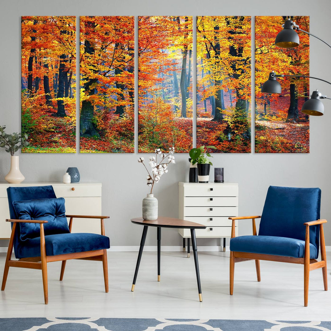 The room features an Autumn Red Forest Triptych Canvas Wall Art.