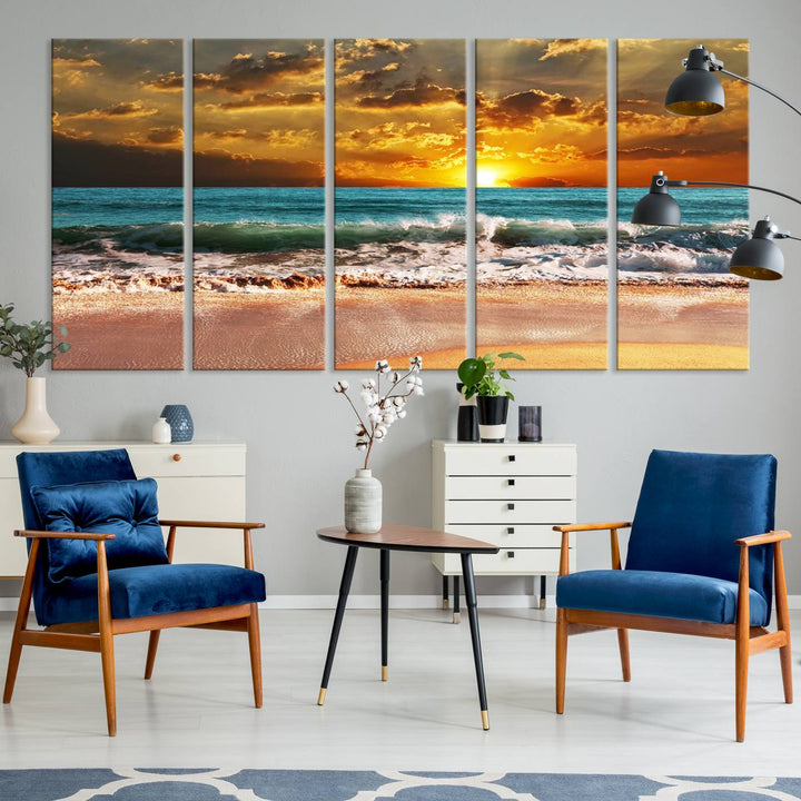 Golden Sunset Beach Canvas Triptych adorns the cozy room, creating a stunning focal point.