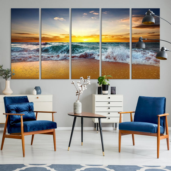 The kitchen features the Golden Sunset Ocean Waves multi-panel coastal wall art canvas.