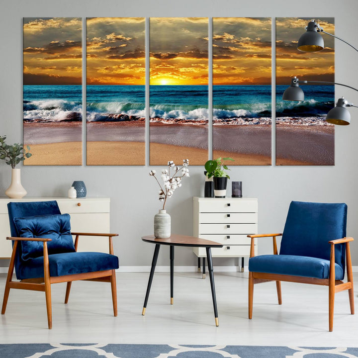 The Ocean Sunrise Over Golden Beach Waves wall art is prominently displayed, capturing the serene beauty of a beach at sunrise.