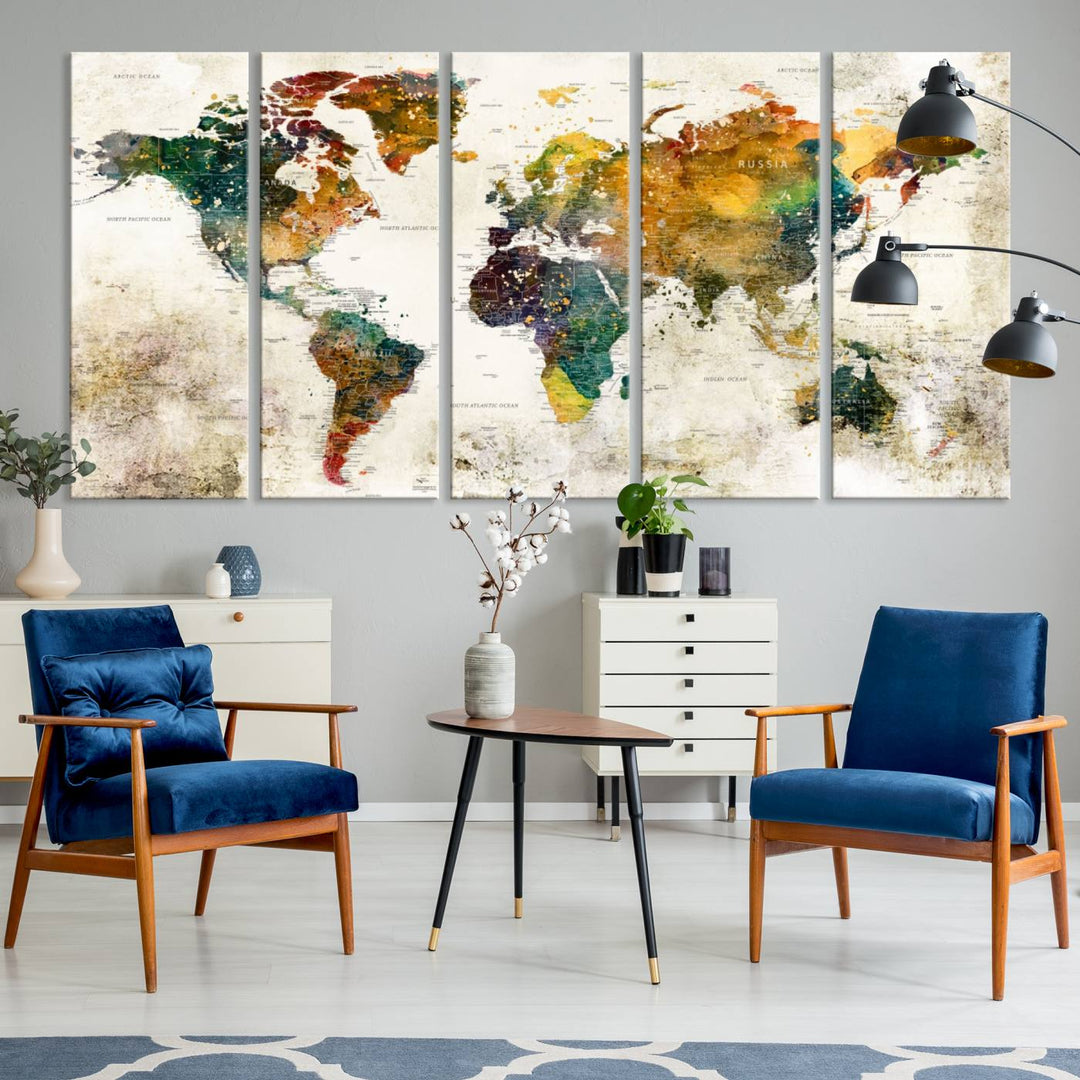 A 3-panel vintage world map canvas art is displayed.