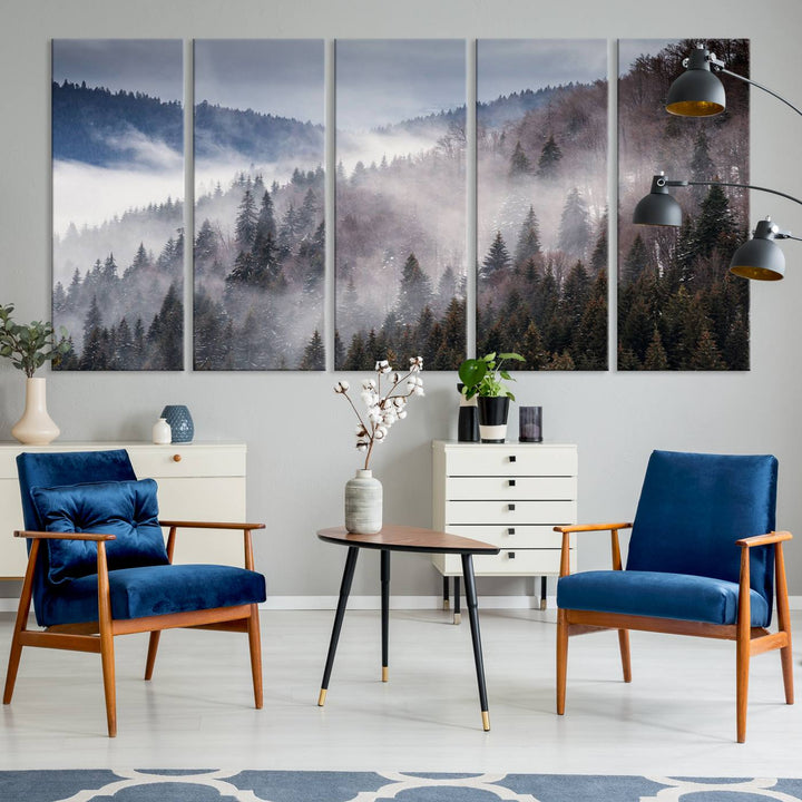 A museum-quality canvas of Beautiful Rising Fog in Winter Mountain Landscape hangs on the wall.