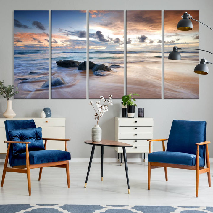 The Serene Weather On The Beach wall art canvas is ready to hang.