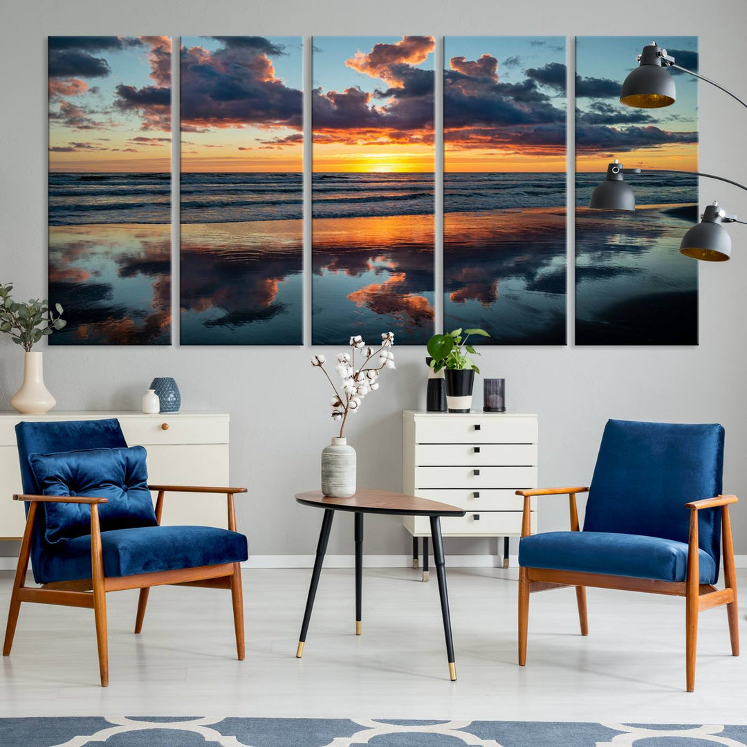 A Beach Sunset Print - Stunning Ocean Canvas Artwork adorns the wall.