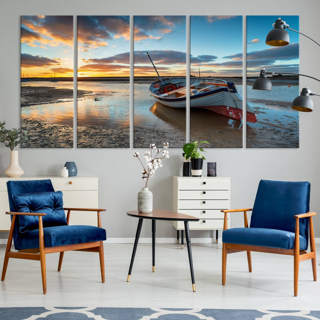 The Small Boat At The Beach Sunset wall art canvas print features UV coating, is museum-quality, and is ready to hang.