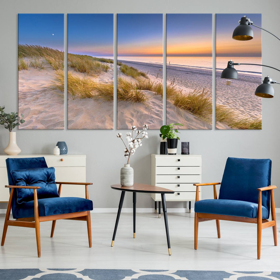 The cozy kitchen features the Sunrise On The Beach canvas art.