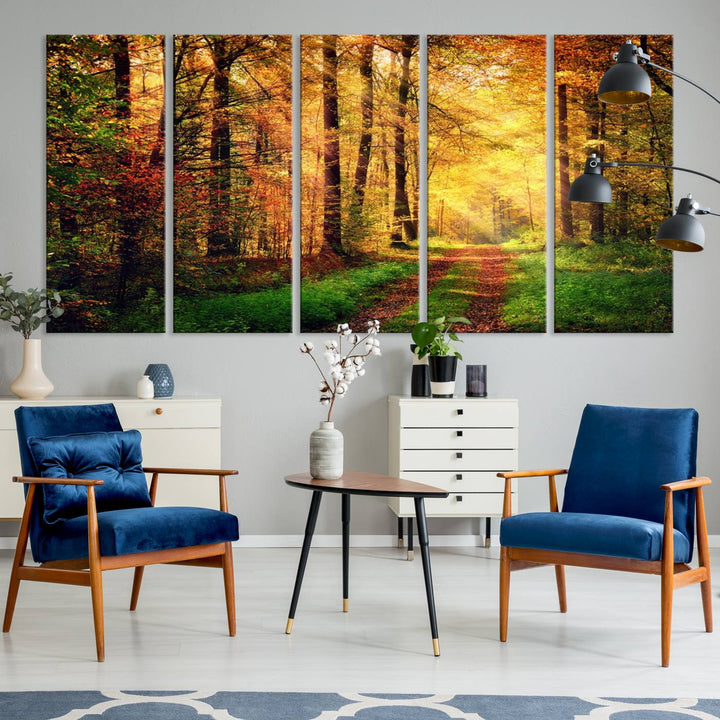 The Sunlight Through Trees Wall Art Canvas Print showcases a sunlit autumn forest and includes UV protection to ensure lasting vibrance.