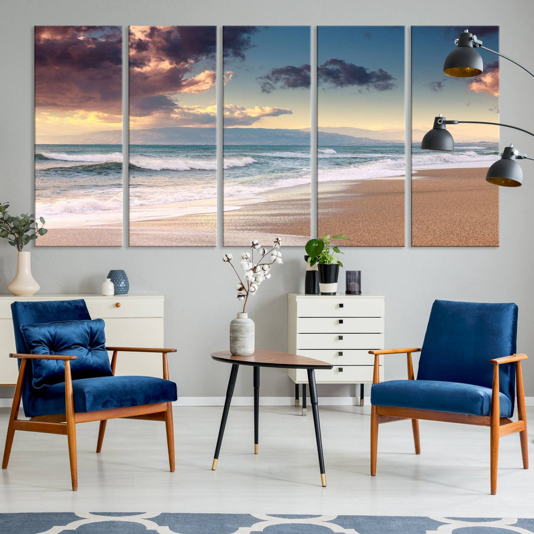 The dining area is enhanced with the Cloudy Weather Beach Sunset Canvas Print.