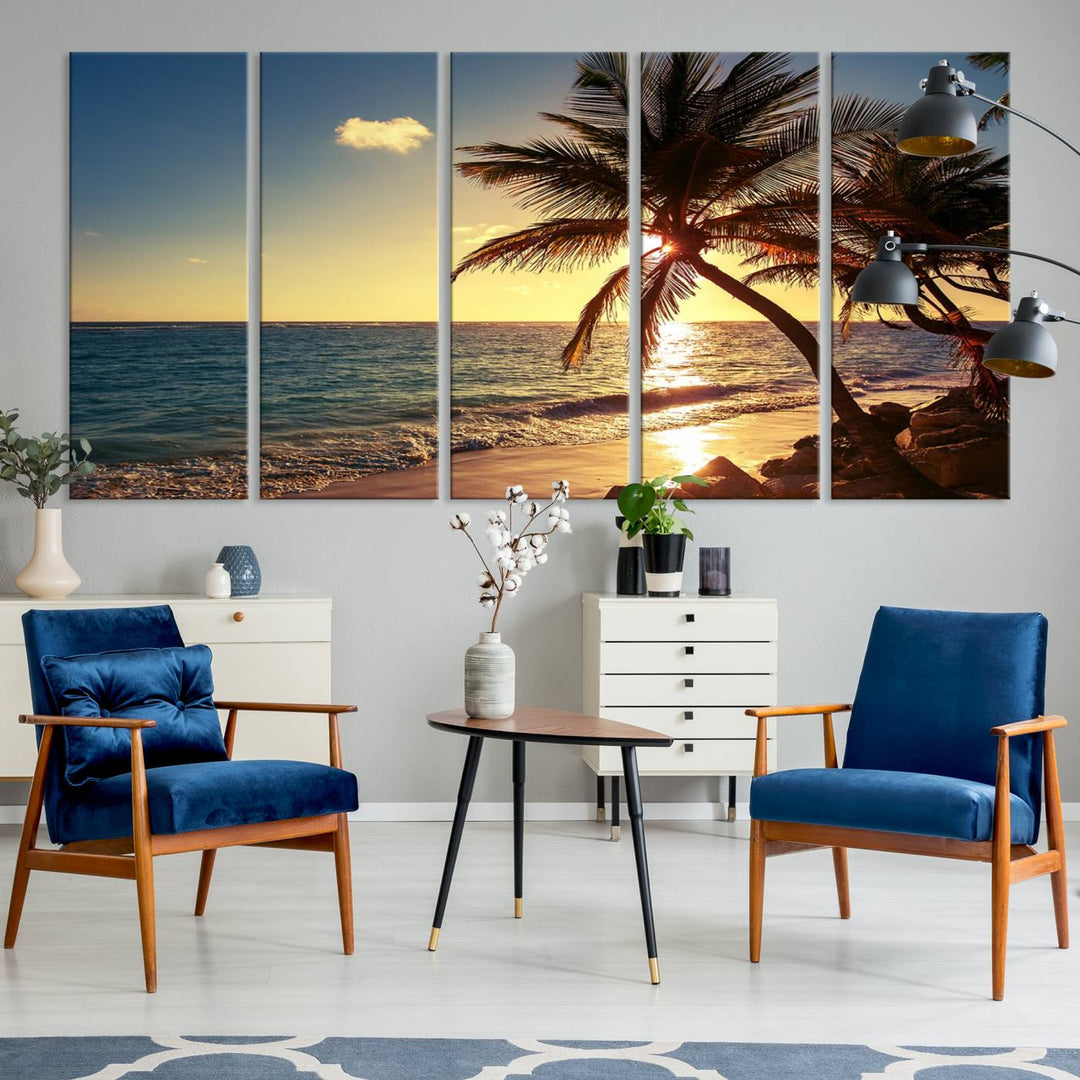 Sunset Palm Trees Wall Art Canvas Print: a serene beach scene on museum-quality canvas.