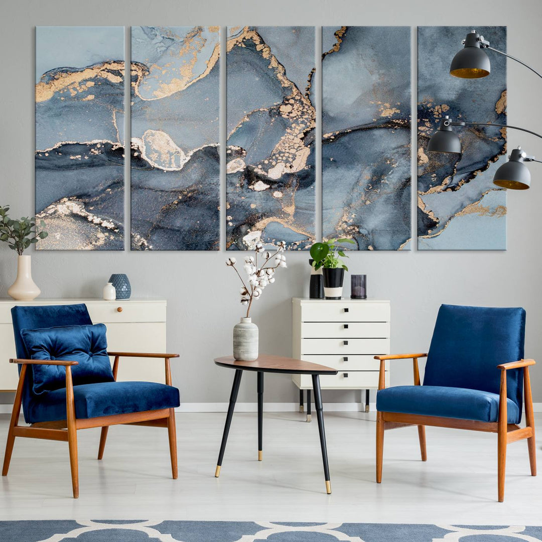 A Multipanel Marble Fluid Effect Canvas Print hangs prominently on the wall.