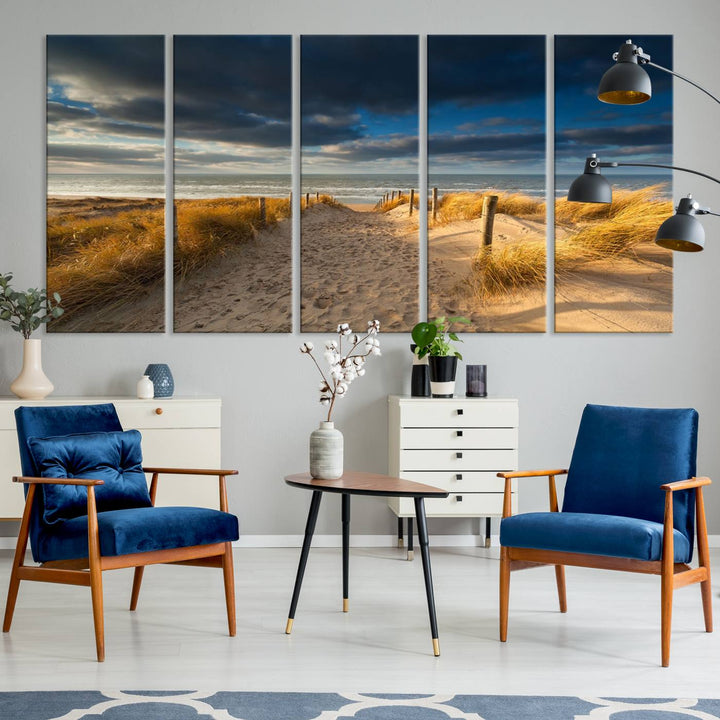 Museum-quality Ocean Beach Dark Clouds canvas print.