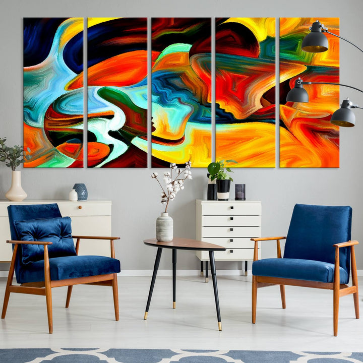 The kitchen wall features the Human Love Figures Abstract Wall Art Canvas Print.