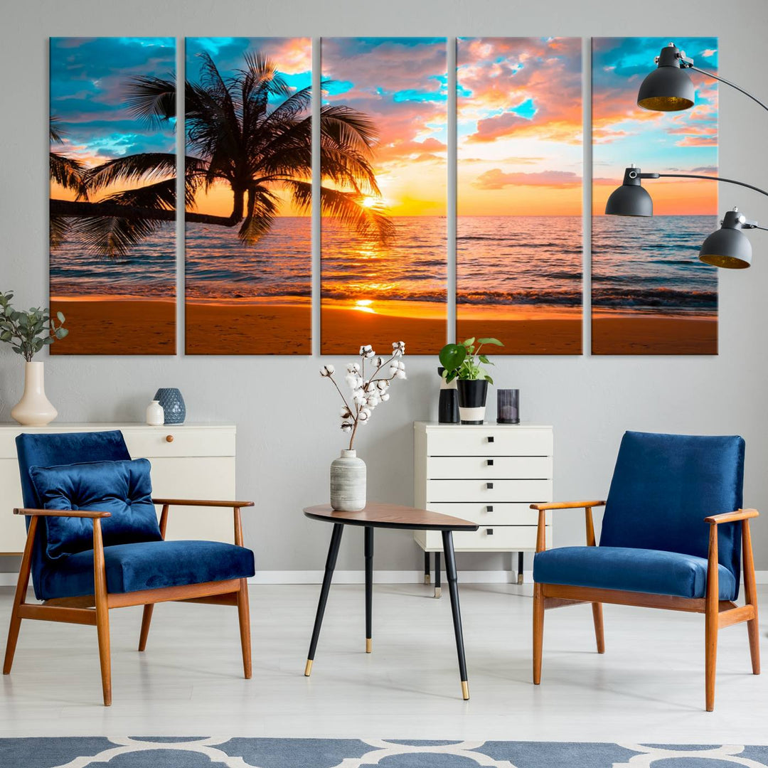 The Palm Tree Sunset On The Beach ready-to-hang canvas wall art—museum quality—brings a serene atmosphere to the room.