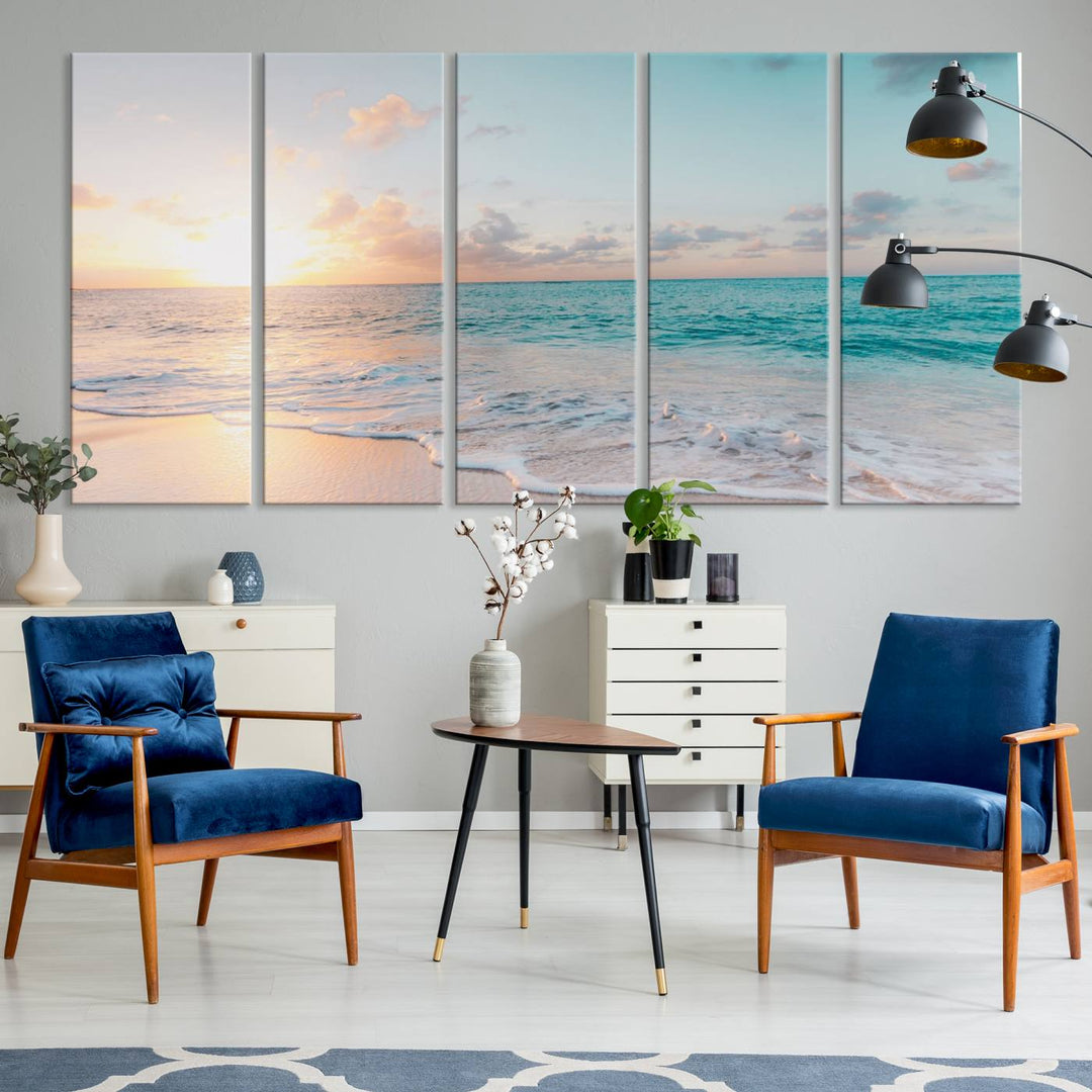 The room features a 3-panel Tranquil Ocean Beach Sunset Canvas Wall Art.