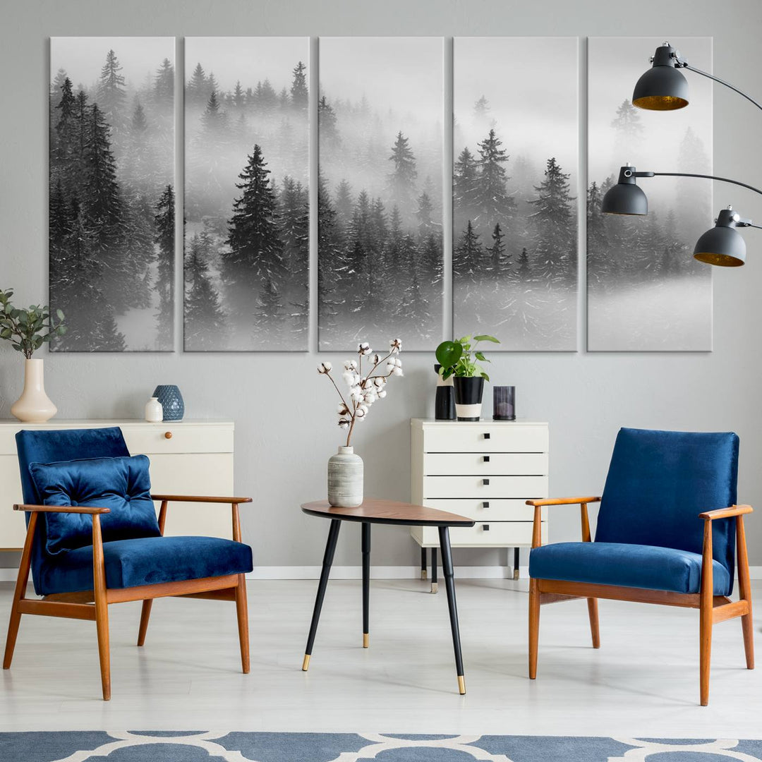 A stunning Foggy Misty Forest Canvas Wall Art adorns the kitchen wall.