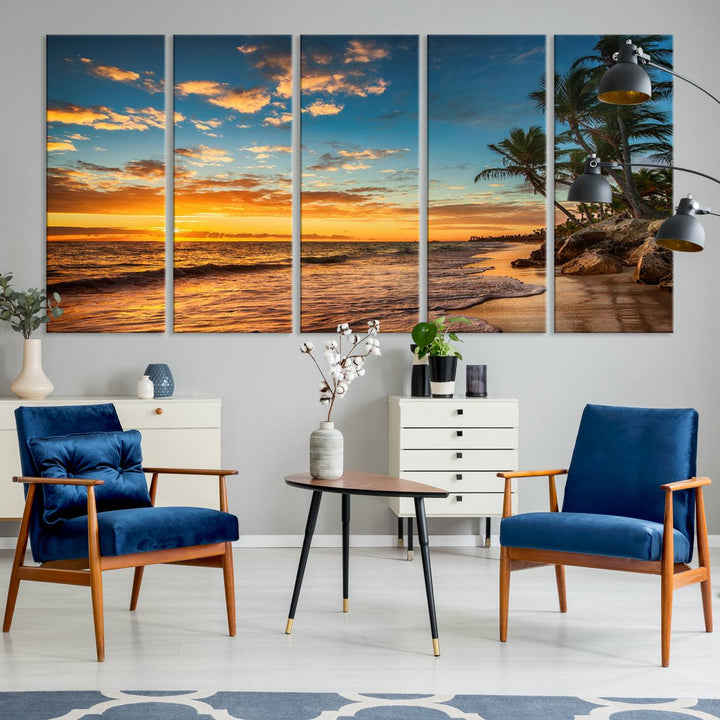 A stunning beach sunset on a museum-quality Sunset Wall Art Canvas Print adorns the kitchen wall.