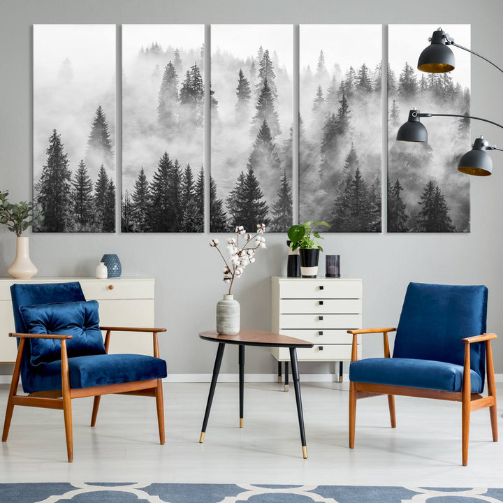 The Forest Wall Art Print hangs prominently, depicting a serene woodland scene.