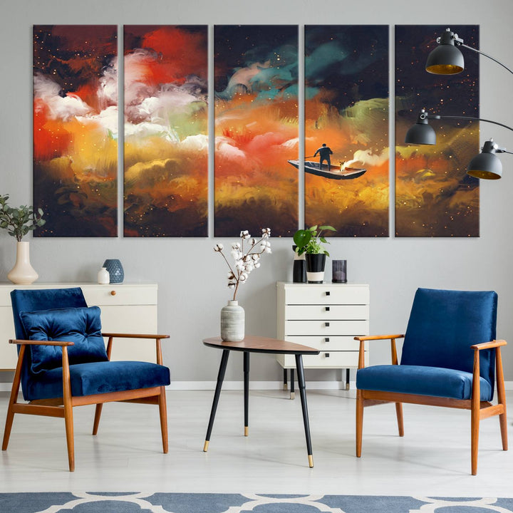 Surreal Space Adventure Canvas Wall Art features a person in a boat.