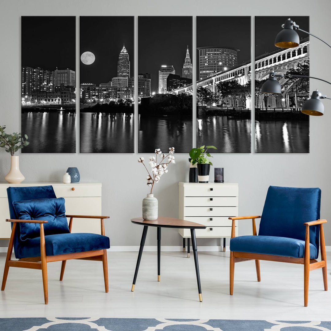 Cleveland Night Skyline Canvas Print: A museum-quality piece, ready to hang, featuring a stunning full moon and its reflections below.