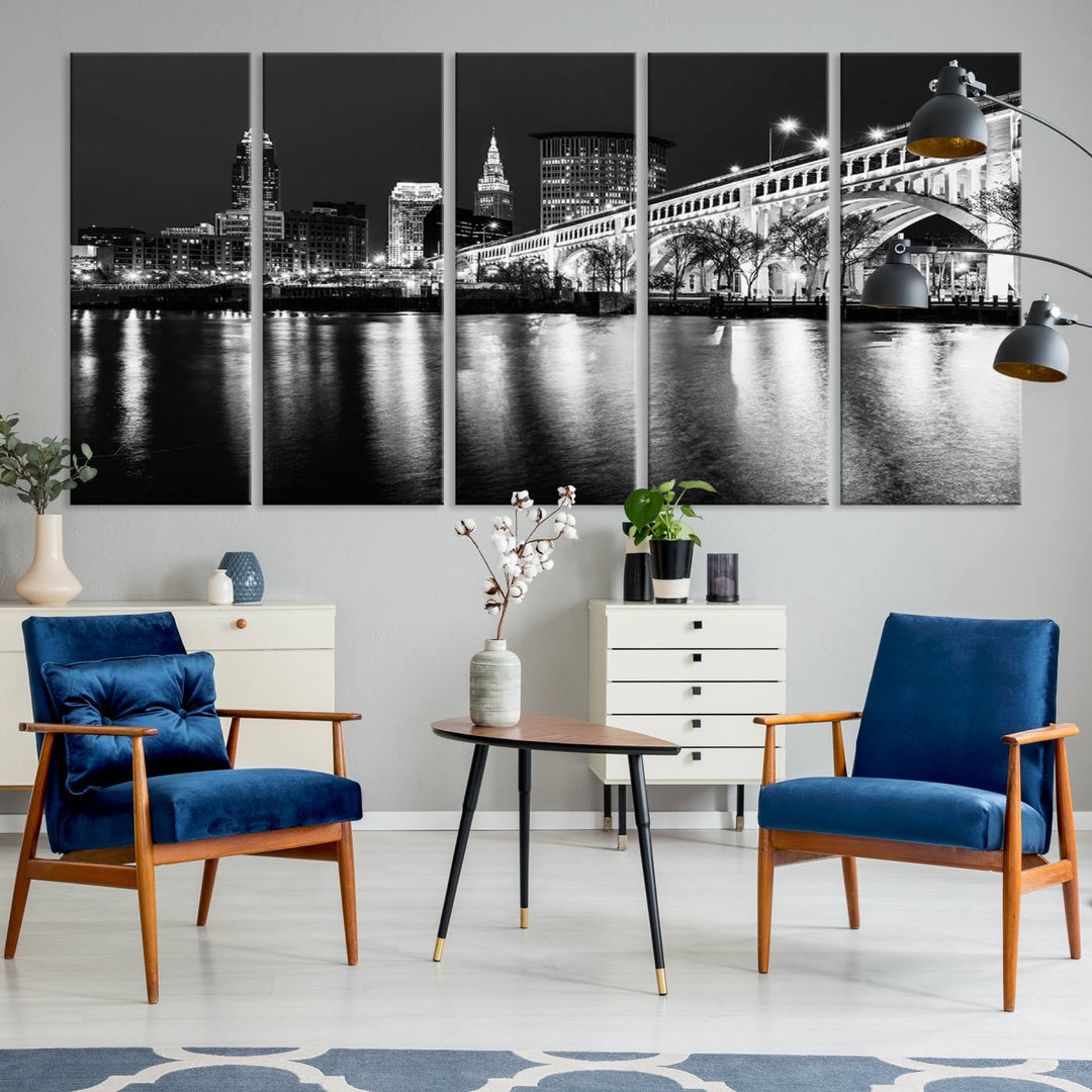 The Cleveland Night Skyline Canvas Print hangs prominently.