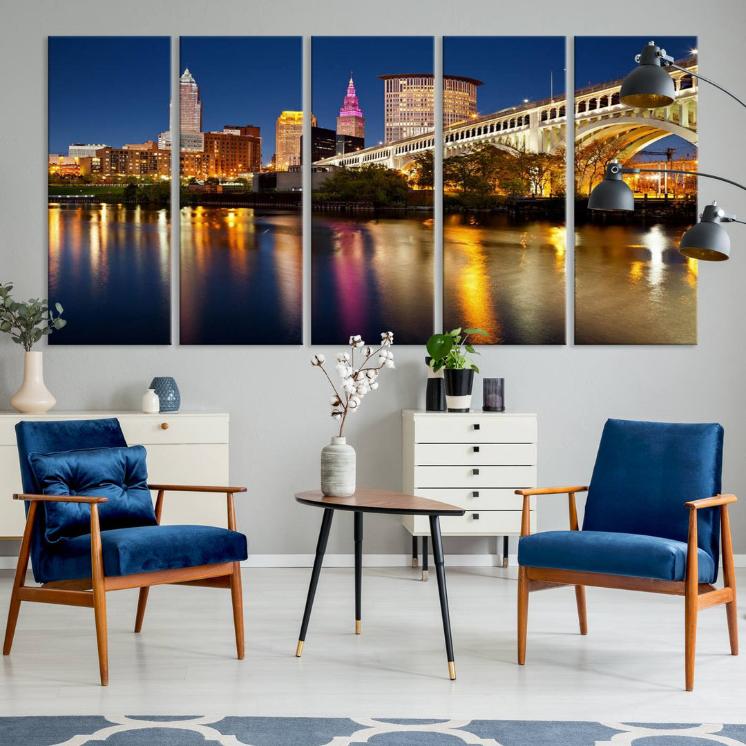 Cleveland Night Skyline Canvas: Cityscape with an illuminated bridge reflecting on calm water.