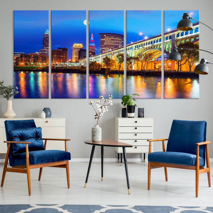 A Cleveland Night Skyline Wall Art on museum-quality canvas showcases a bridge and illuminated buildings.