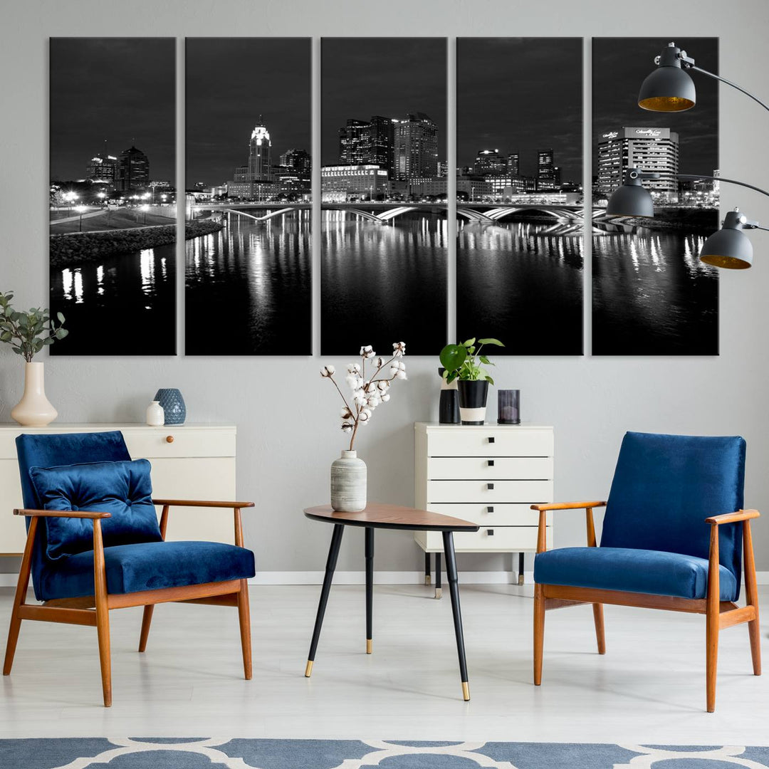 Columbus City Lights Skyline canvas print in black and white, featuring museum-quality craftsmanship and free shipping.