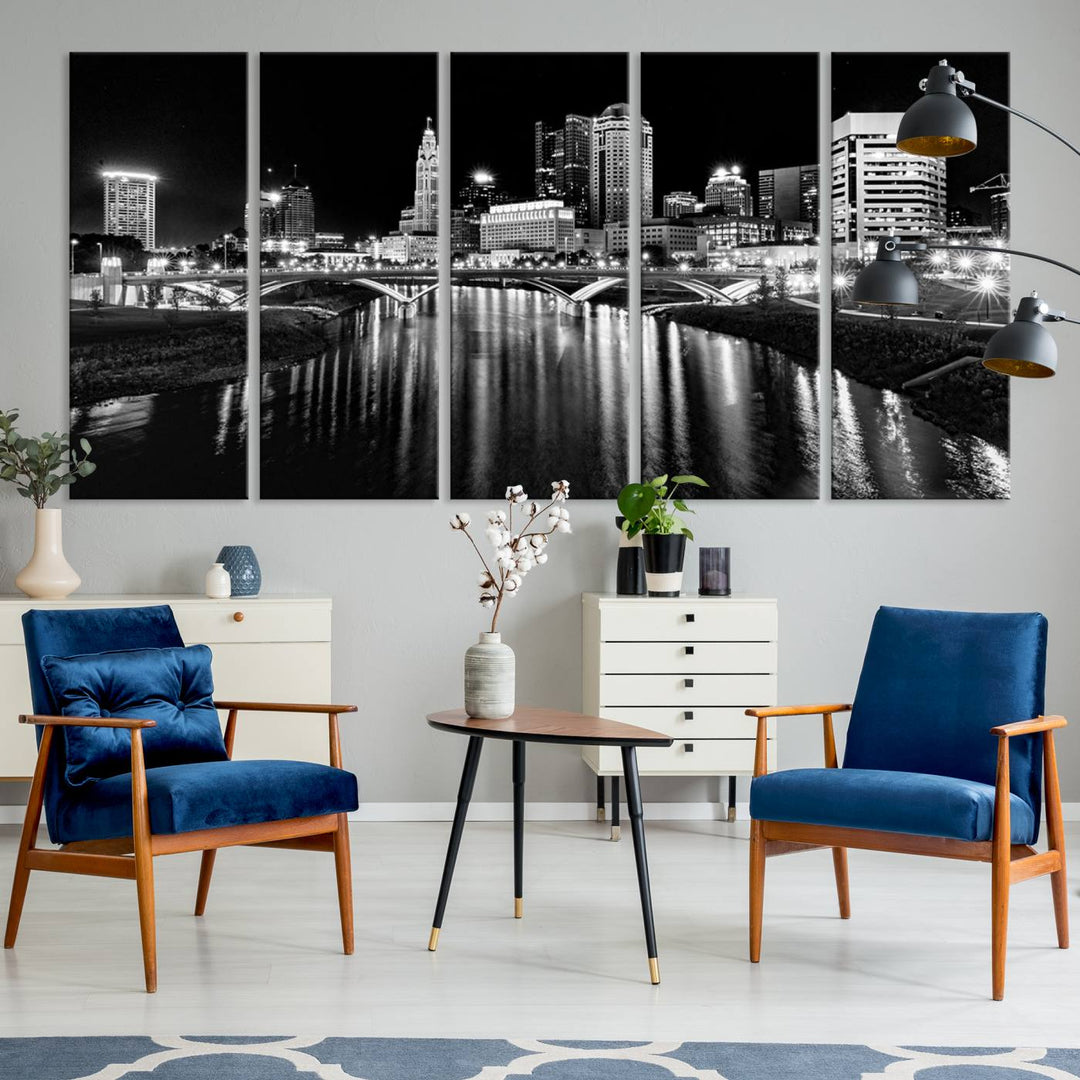 Columbus City Lights Skyline Black and White Canvas with UV coating.