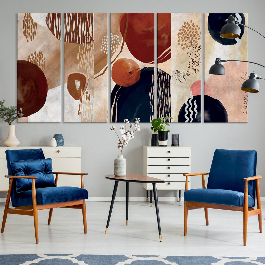 The Boho Neutral Canvas Print Set with earthy tones and circles hangs on the wall.