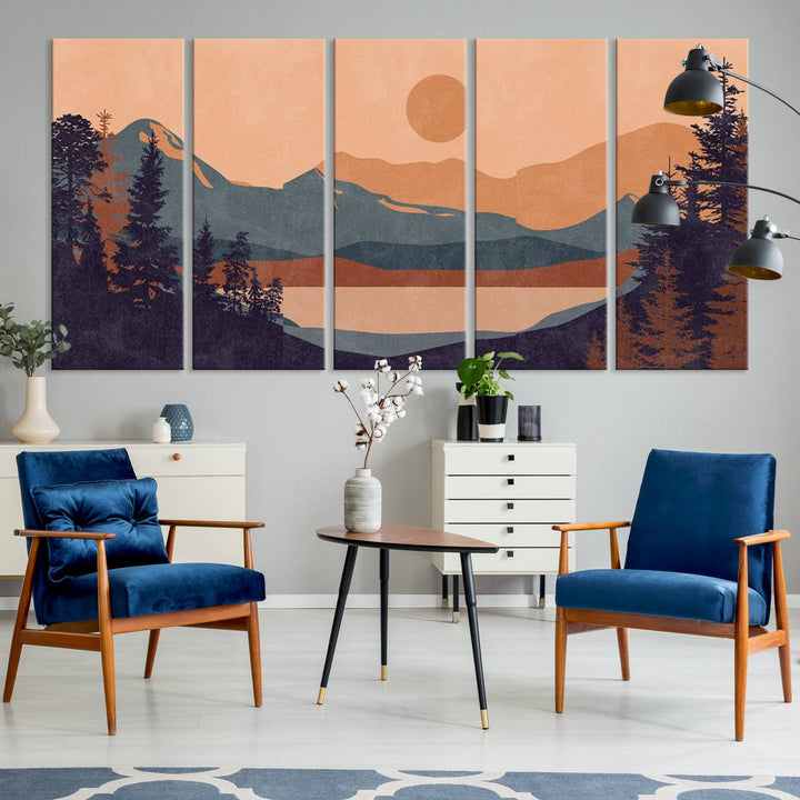 The Modern Boho Sunset Triptych displays a mountain sunset.