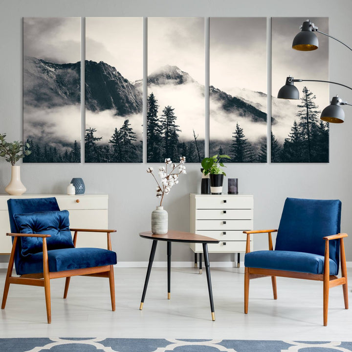 A large foggy mountain forest canvas print hangs prominently in the room.