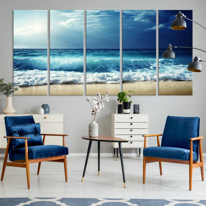 The Majestic Ocean Wave Wall Art Canvas, a 3-panel seascape print, is featured prominently.