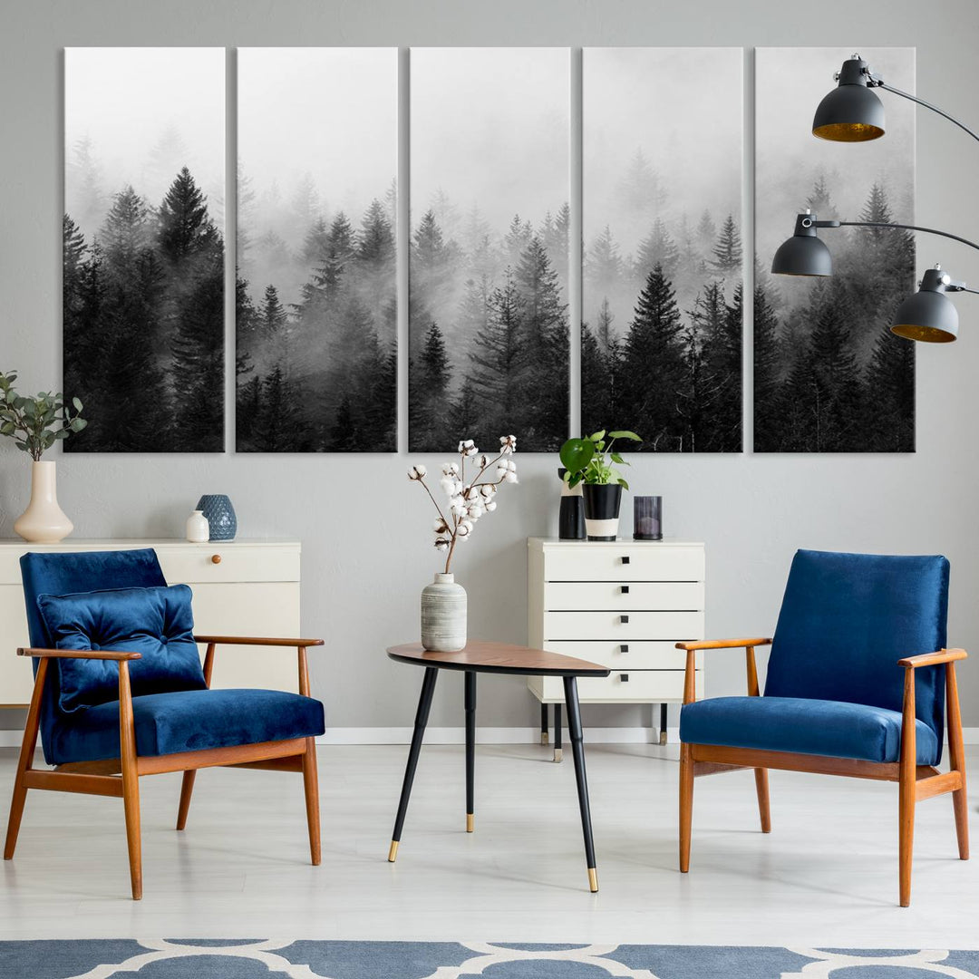 Fogy Forest Canvas Art features misty pines and a mountain landscape.