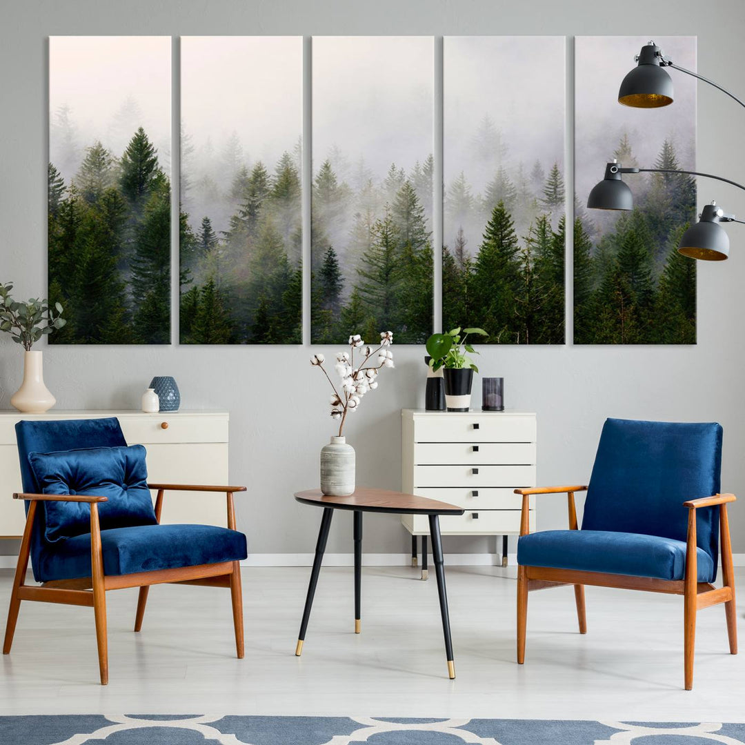 A serene, foggy evergreen forest creates a mysterious atmosphere, ideal for premium canvas wall art.