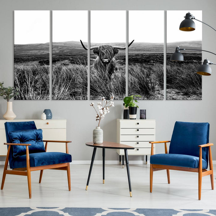 Dining room featuring a Black and White Highland Cow Canvas for a Western-themed decor.