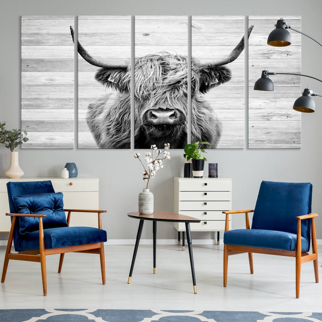 Scottish Highland Cow Cattle Art adds rustic farmhouse charm to the space.