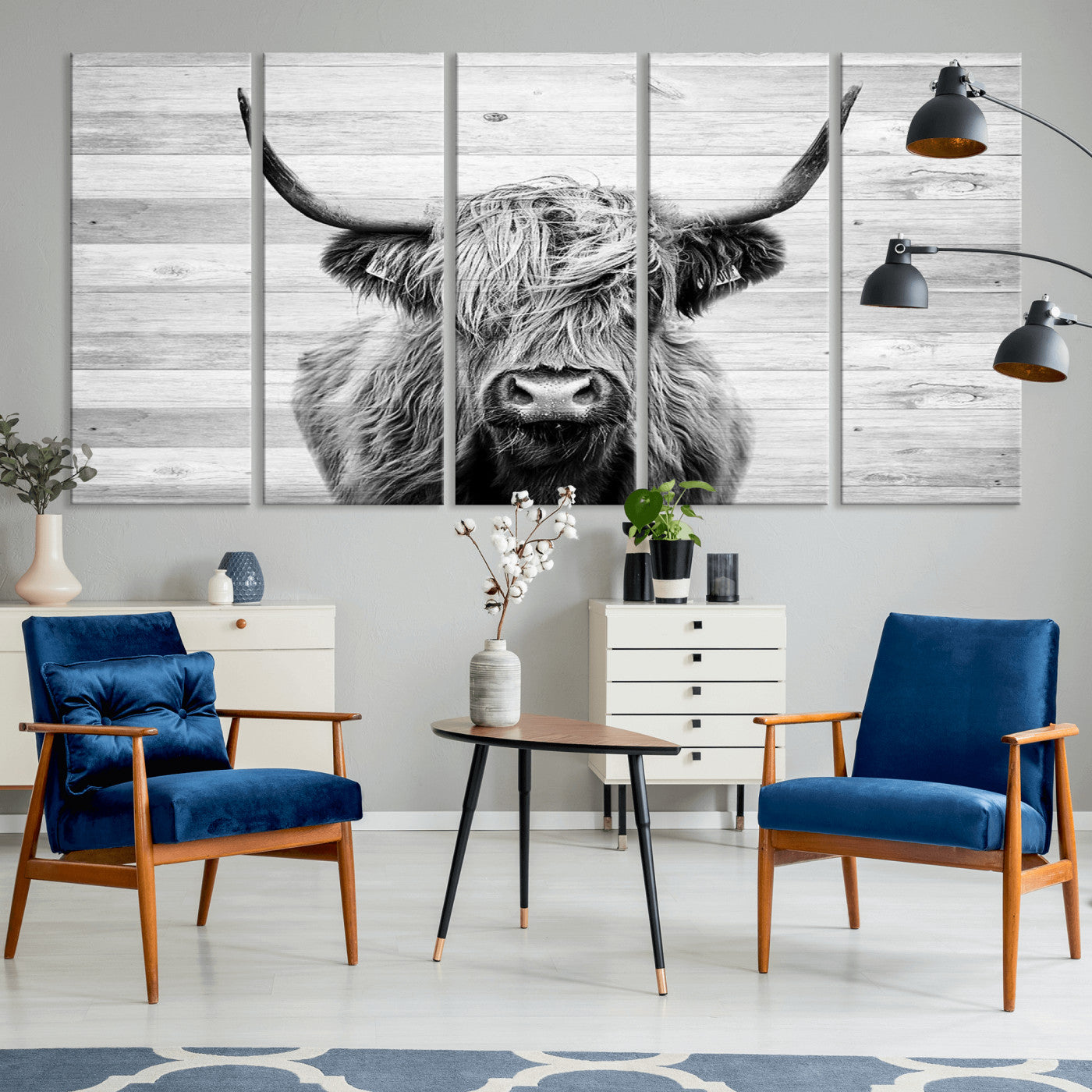 MGV-CV-60X31-5P - Scottish Highland Cow Cattle Art Print on Wood Background Style