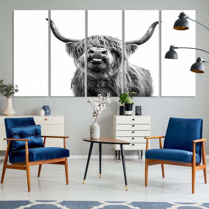 The Fanny Highland Cow art print decorates the modern kitchen, featured in black and white.