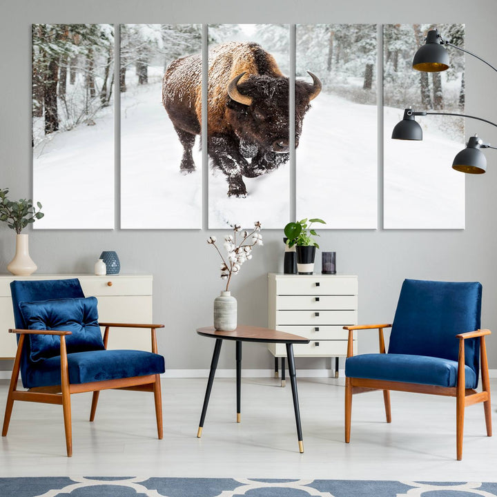 The dining area showcases the Bison Wall Art Canvas Print for Farmhouse.