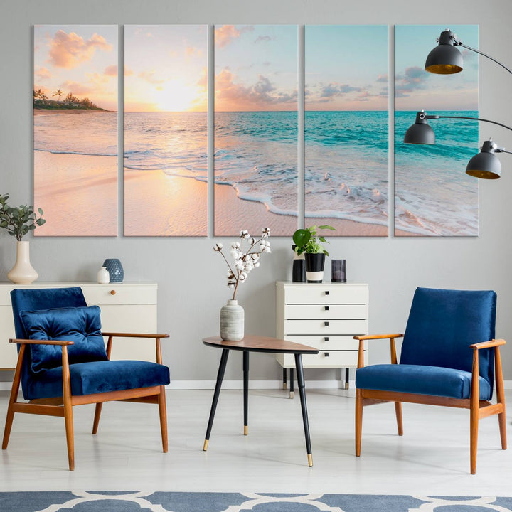 The kitchen features the Beach Sunrise Wall Art, Coastal Sunset Beach Scene.