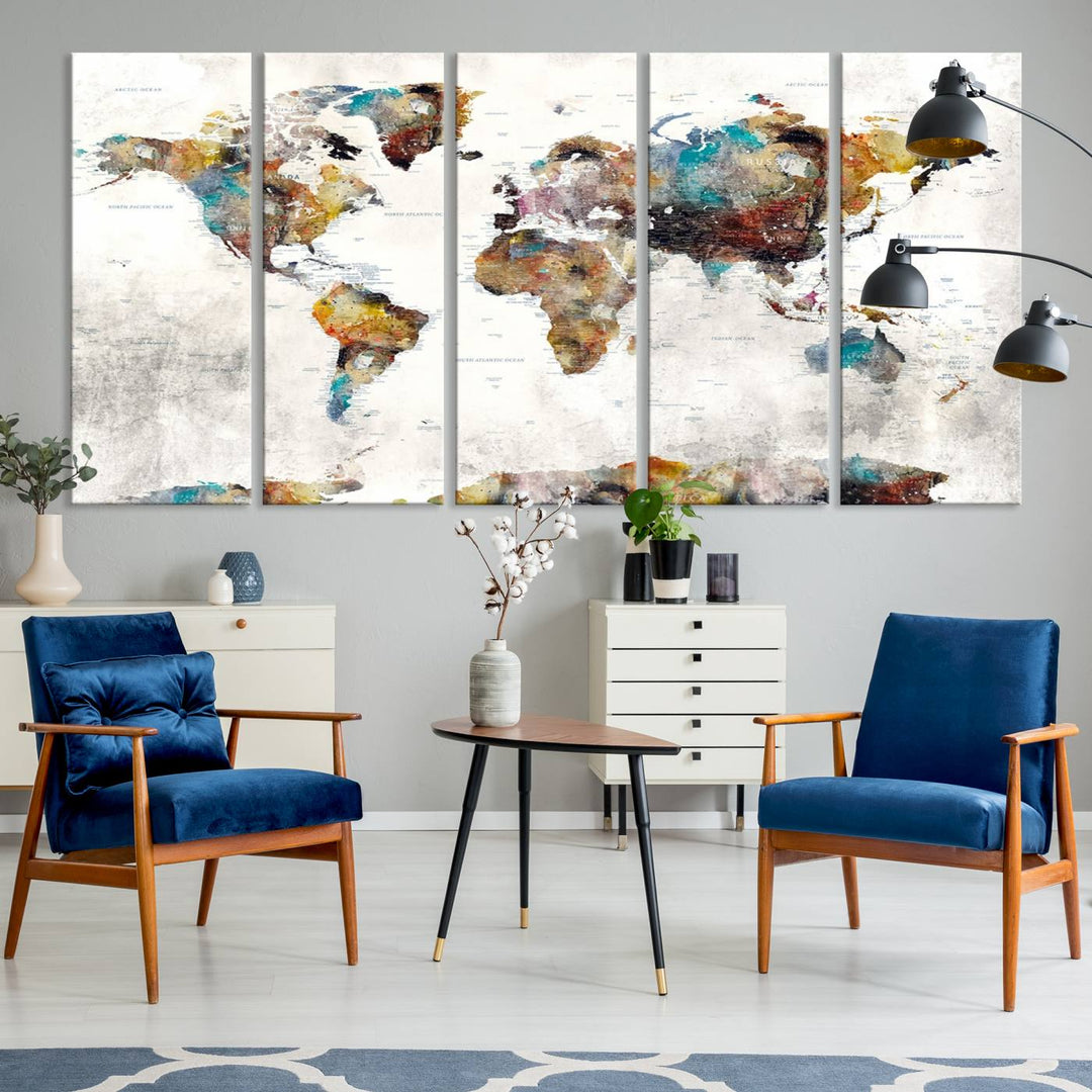 The Colorful World Map Wall Art Canvas Print adds vibrance to the space, ideal for geography lovers.