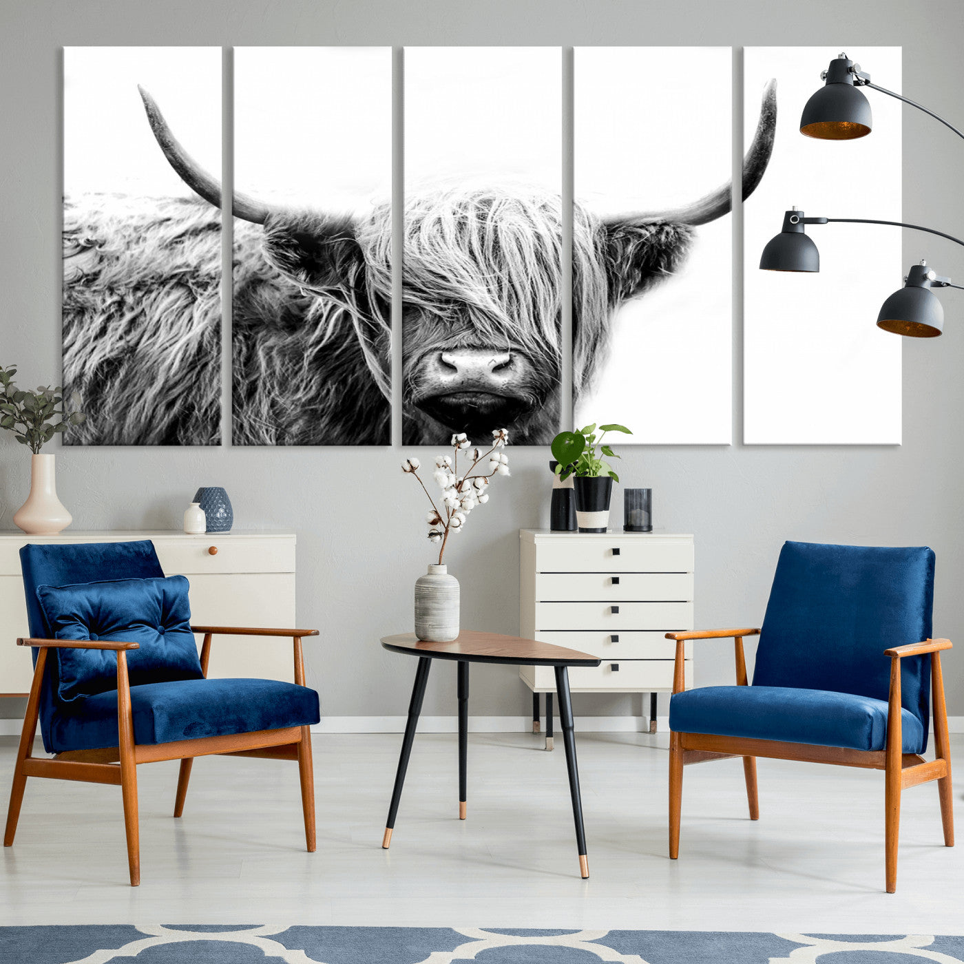 MGV-CV-60X31-5P - Black White Scottish Highland Cow Cattle Art Print Farmhouse Wall Art Canvas Print